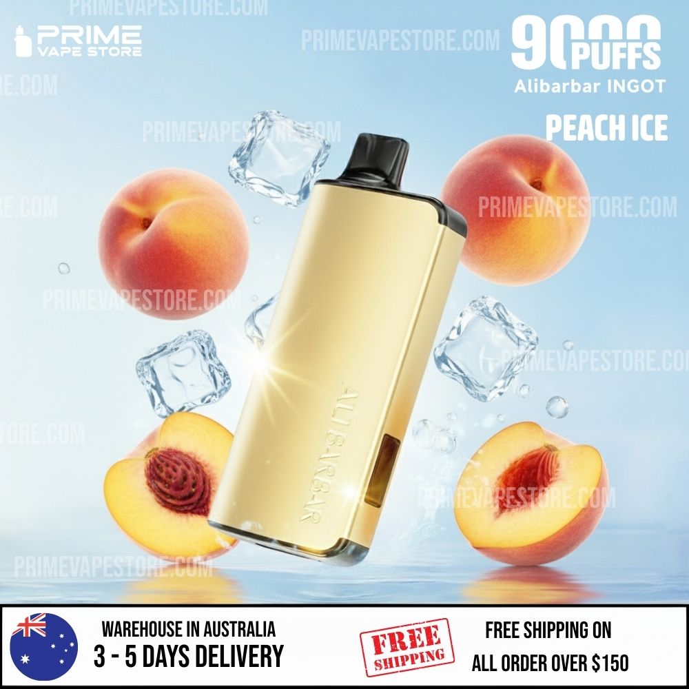 ALIBARBAR Ingot 9000 Peach Ice disposable vape with peach and ice cubes